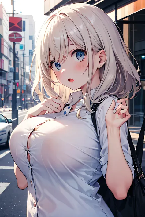 from front, from side, upper body, breasts focus, close-up, 1girl, button gap, (flying button:1.5), hands_up, large breasts, impossible clothes, unbuttoned Frill Blouse, full-face blush, surprised, flabbergasted, open mouth, outdoor, in tokyo, street, sunl...