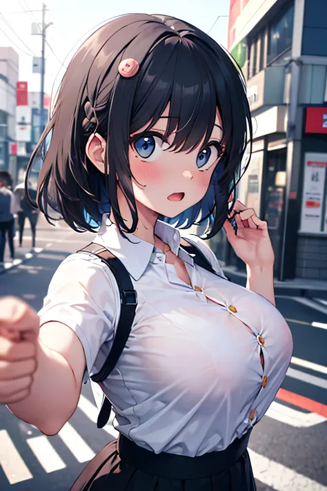 from front, from side, upper body, breasts focus, close-up, 1girl, button gap, (flying button:1.5), hands_up, large breasts, impossible clothes, unbuttoned Frill Blouse, full-face blush, surprised, flabbergasted, open mouth, outdoor, in tokyo, street, sunl...