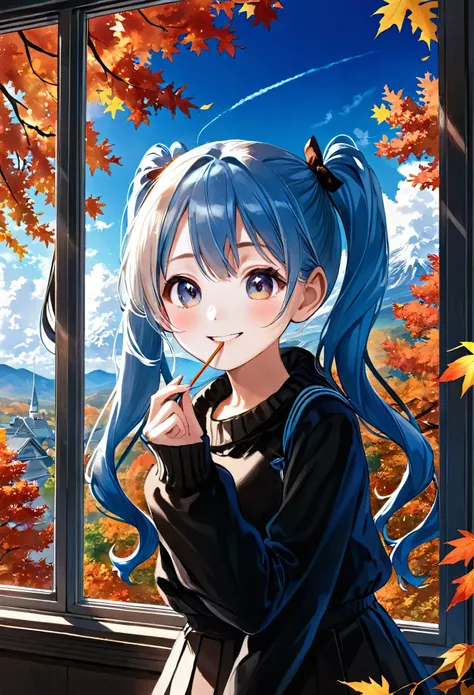  light blue long hair 、Beautiful girl with twin tails、By the bright school window 、 eating Pocky deliciously、smile、Outside the window is a landscape of autumn leaves、Clear blue sky 