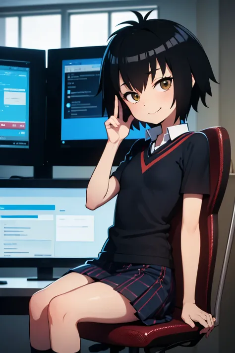 Masterpiece , peni parker,  shirt,  flat chest  , pantie , sexy , evil smile, sitting in front of a computer, sitting on computer chair, typing on the computer keyboard, looking at the computer screen, looking away from viewer, looking at the computer