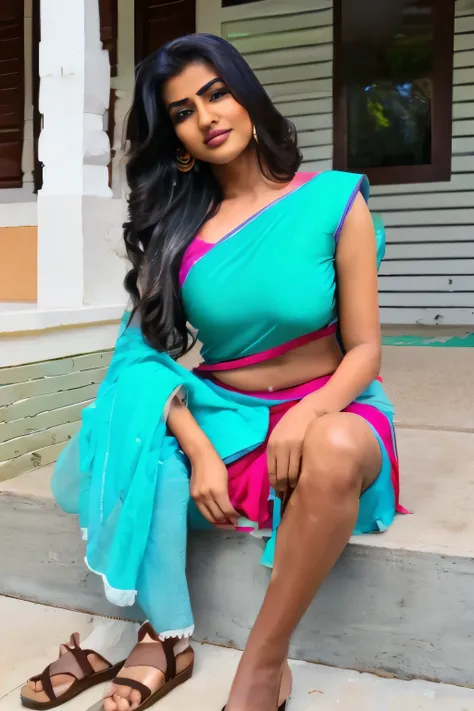 A beautiful Indian (Desi) girl, about 25 years old, sitting on a step at the entrance of the house, legs turned to the side, saree lowered to her waist, without a blouse, exposing her breasts, large, with large areolas. She looks at the observer with misch...