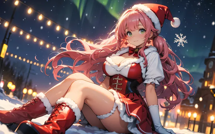 a beautiful young magical girl with extremely large breasts, cleavage, tight red corset, red skirt with white fluffy hem, red santa hat with small bell at the end and fluffy white rim, white stockings with thigh-high red leather high-heeled boots, long wav...