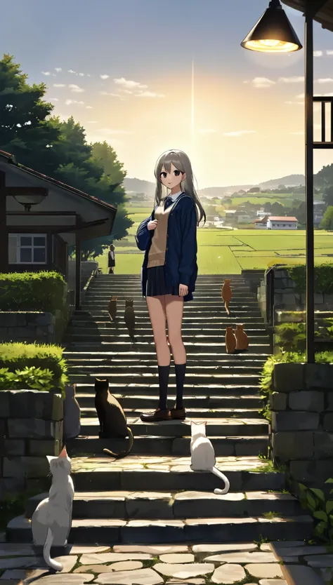 ((( cat on the stone steps )))、 Best Quality 、masterpiece、 perfect anatomy、 girl, On the way to school, Chat with friends, stand, School Area, Countryside, landscape, Round Glass, middle school student cardigan, ( sleeves are longer than wrists ), Stro...