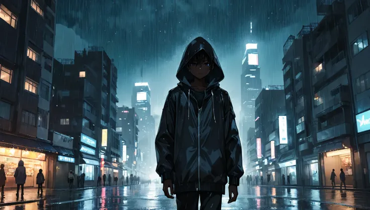 Viral anime city wallpaper in 4K quality, in the style of photography with a 35mm lens, capturing a black skin boy with hood in the middle of city, with buildings and skycrepres during the nigh while rain, the boy look at the sky and peoples walk around he...