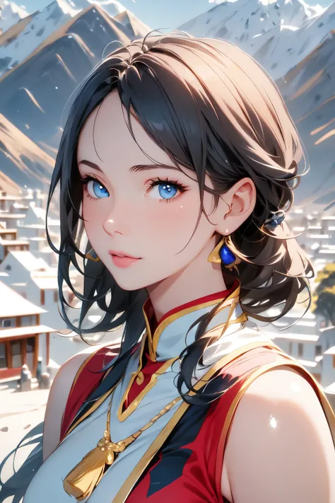 ((Top Quality)), ((Excellent)), (Detailed),((Tibetan)),Ultra-realistic,Stunning Environment,Vivid Colors,,Black Hair,(Girls Face),((Straight Hair)),Shiny Hair, ((Blue Eyes)),((Mountainous Region)),((Ladakh Cityscape)),((tibetan national costume)),Shiny Hai...