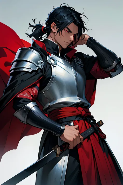 Black young man, Black hair, gojou satoru hairstyle, Medieval black armor with red details, White sword, Scars on face, Serious face, in a castle, red cape like a medieval knight with red pupils