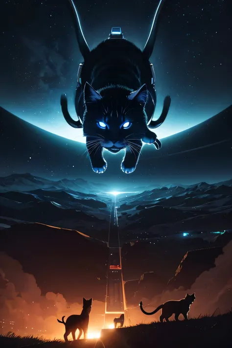 a disco spacecraft hovering over an open field, many cats emerging from the spacecraft and going towards the ground, walking towards the viewer, night scene, dark, disco spacecraft, cats, hyper detailed, 8K, cinematic lighting, dramatic atmosphere, rich co...