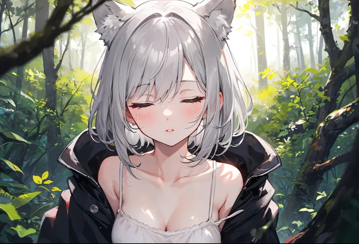 (blush, closed eyes, puckered lips), (((1 girl))), (upper body), (facing viewer), silver-grey wolf_ears, sharp face, (athletic_build, soft clean skin, medium breast, neck, collarbone), (silver-grey hair, medium hair, disheveled hair), ((black cloak, white ...