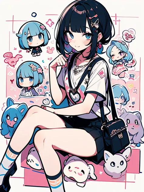 sideview,chibi,(looking at viewer:1.3),sitting squatting spread open legs:1.3,16years old ,cute face,black color chignon hair,(blunt bangs), very short sideburn,tsurime,black eyeshadow,makeup,gray light blouse, black mini skirt, chain black mini pouch bag,...