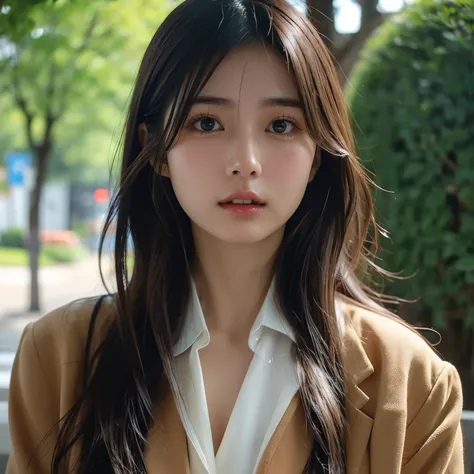  1 beautiful Japanese woman 、Age 25、 blazer close to my face、Brown wavy hair、The expression of opening ones mouth just a little、 outdoor upper body shot 