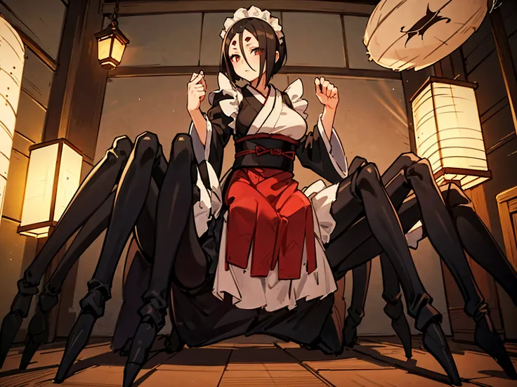 arachne girl. kimono. white and black costume. costume with a spider web pattern. maid style. large spider legs. short hair. bla...