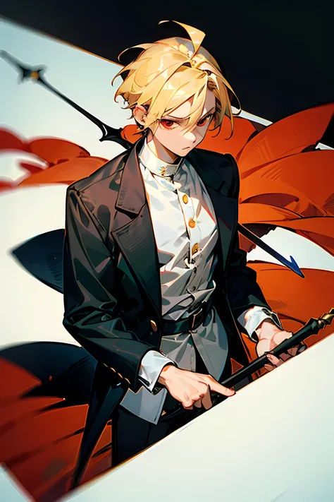 ((best quality)), ((masterpiece)), (detailed), Male, 1 boy, blonde hair, short hair, chin-lenght hair, red eyes, holding long spear, wearing white blouse, wearing long black jacket, solemn expression