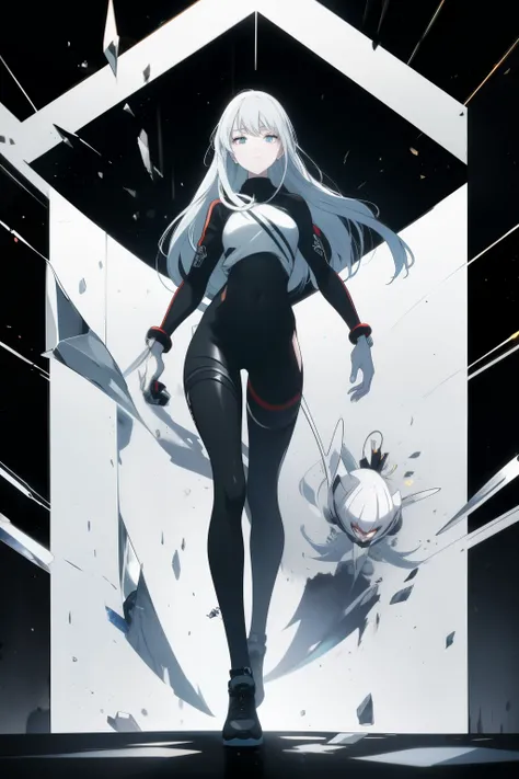  Create an illustration of a 15-year-old girl as the protagonist . ((((Detailed and distant full body view ))))  she has long, straight hair , white, and bright blue eyes.  The girl wears a female trainer uniform , attractive,  predominantly in the colors ...