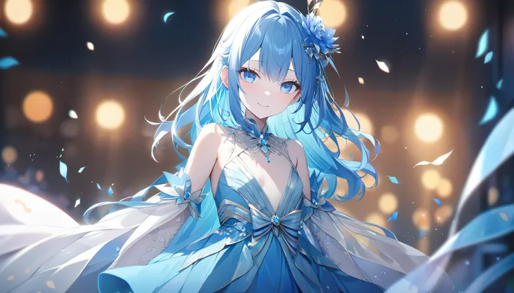 art by Cornflower,( Masterpiece」),(4K), high quality,(perfect anatomy), flat chest, 1 girl,Long Blue Hair,Pale skin, beautiful smile, Beautiful Detailed Blue Eyes ,light blue dress, multi-layered outfits , ( very detailed elegant ), Magical Colors and Atm...