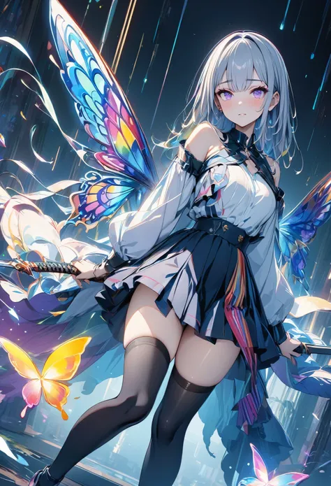 (masterpiece, Best Quality:1.2), colorful ,   1 girl, Grey Hair,   purple eyes,  Destroy realityデュアル除草 , sword,  sword, Blue Flame, Shine, Shine武器,  Particles of light ,  wallpaper,   chromatic avalation to slide down panties,    Too Much Exposed Skin    ,...