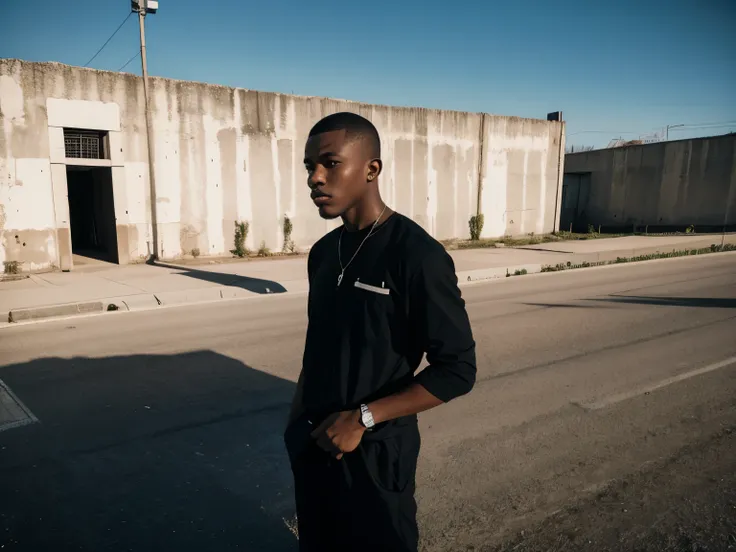 wide angle view young black man, prison building seen in the background, bleak