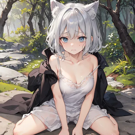 (scared expression:1.2, despair, empty eyes:1.4, pale face, (warsd)), ((1 girl)), (facing viewer), silver-grey wolf_ears, sharp face, deep blue eyes, (athletic_build, soft clean skin, medium breast, neck, collarbone), (silver-grey hair, medium hair, dishev...