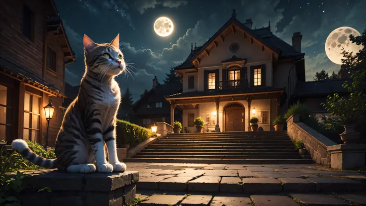 cat on the stonesteps,Late Night,full moon,very wide shot:1.1,distant view:1.5,quality,Ultra detailed, best quality, insanely detailed, beautiful, masterpiece