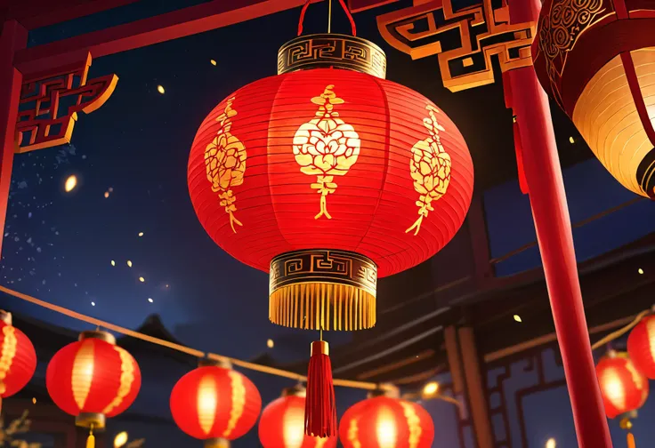 A close-up, highly detailed photograph of a traditional Chinese red lantern used during the Lunar New Year celebration, without any Chinese characters. The lantern’s textured red paper is illuminated warmly from within, revealing intricate patterns and del...