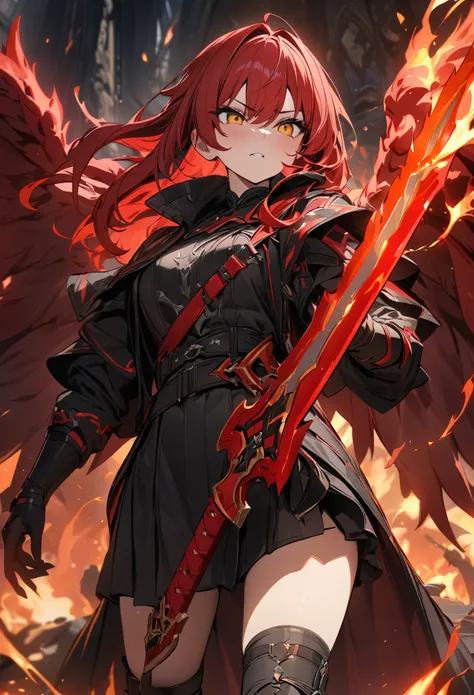 (masterpiece,  best quality:1.2,UHD,High Resolution、Detailed depiction)、 one girl playing pranks、Red Hair、Black inner color、Incarnation of Fire 、Wings of Fire、 has a red sword and the blade is black、The sword is wearing fire 