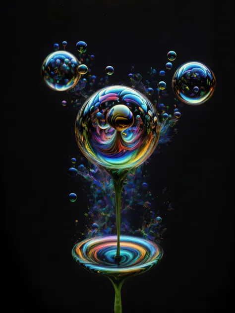 An image of light emerging from colors in a psychedelic dream, shimmering glass morphing out of colors, trippy vibrant colors, perfectly formed beautiful reflective bubbles, attention to detail on the bubbles and spheres, beautiful psychedelic digital art,...