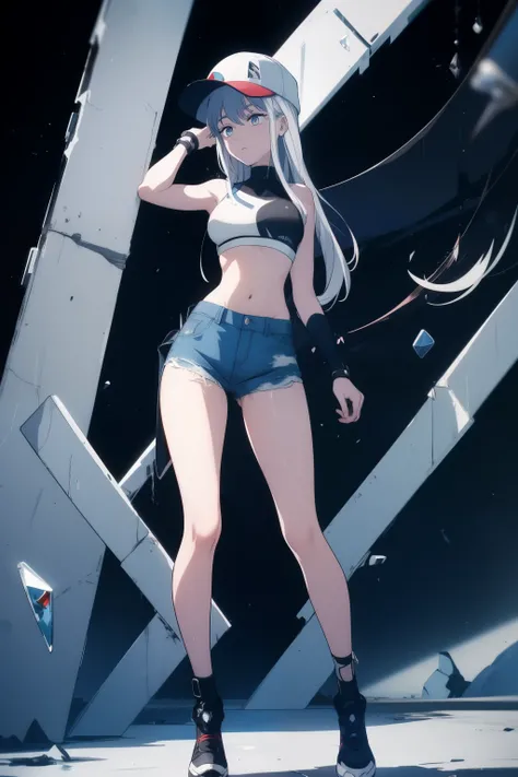 (masterpiece, best quality:1.2), 1 girl, alone , sexy, (long white hair), (cutoff-jeans) , (cowboy shot), (white sports bra) , black cap , (wet),  Create an illustration of a 15-year-old girl as the protagonist . ((((Detailed and distant full body view )))...