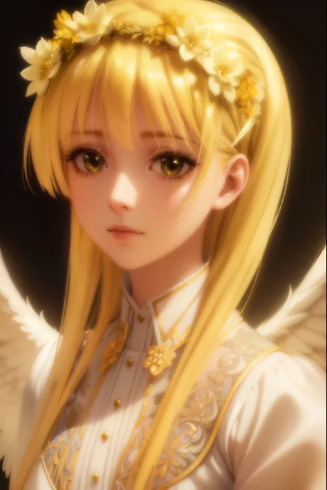 a beautiful young girl with yellow hair and angelic wings, highly detailed anime style illustration, 1girl, detailed facial feat...