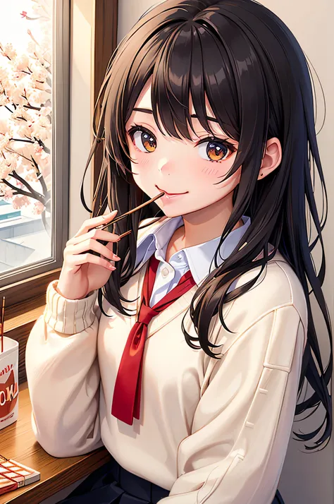  girl, ((( I have Pocky 。 I have Pocky in her mouth。))) Viewers Perspective 、(((1 girl、8k、masterpiece、 desktop)))Collared sweater 、 The sweater looks warm 、(( upper body))、 I have Pocky happily 、Smiled.、 Pocky looks delicious 、