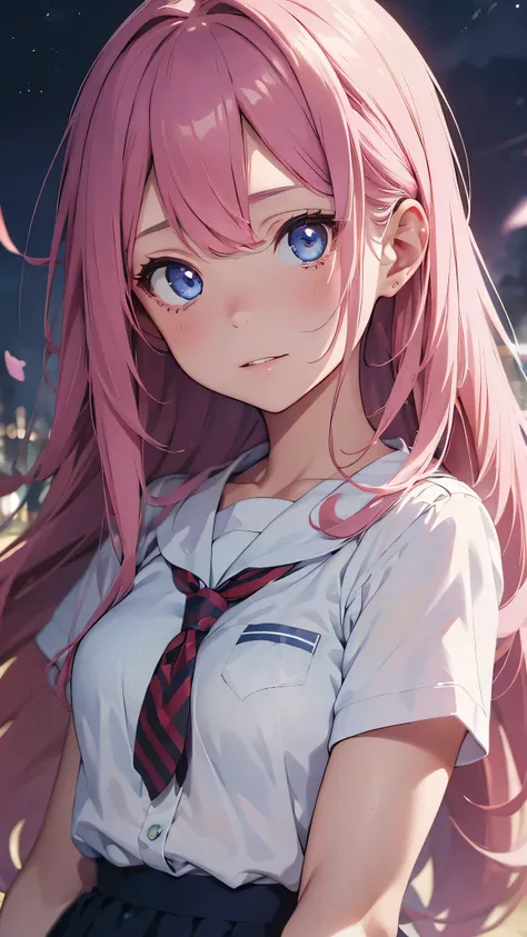 a beautiful young girl, flowing pink hair, blue eyes, school uniform, anime style, 1girl, detailed face, beautiful detailed eyes, beautiful detailed lips, extremely detailed eyes and face, longeyelashes, highres, best quality, 8k, photorealistic, ultra-det...