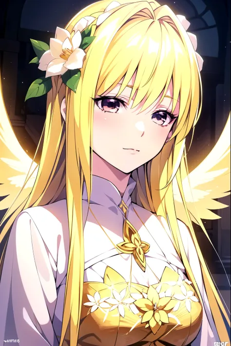 a beautiful young girl with yellow hair and angelic wings, highly detailed anime style illustration, 1girl, detailed facial feat...