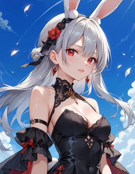 score_9, score_8_up, score_7_up, source_anime, solo, 1girl, silver hair, rabbit ears, red eyes, black dress