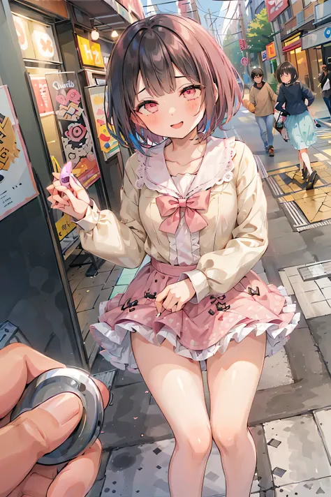 4K，One Girl，slender，Very short stature，Very thin thighs，Blunt bangs，short dress shirt, Half Sleeve，Red suspender mini skirt，blush, smile, Bobcut, Black Hair，Vibrant colors, Ahegao，A lot of love juice drips down her thighs onto the floor，(remote_play))，remo...