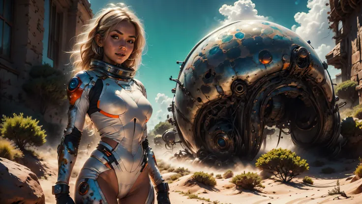 infrared image of a blonde white woman in a futuristic suit with a spaceship in the background, full body view, movie art, in front of an orange background of a Martian desert landscape, inspired by Robert McGinnis, female protagonist, megastructure in the...