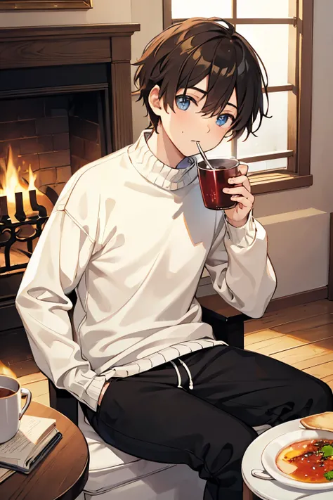  Room with fireplace　Drink warm soup　male　sweater　pants