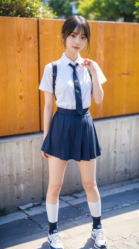 女の子1 person、(8k、 RAW Photos、Best Quality、 High Quality、 masterpiece:1.2)、( real、 real)、1 person、( dark brown hair with leg decorations for medium hair、Y shirt with white collar 、tie、Breast enlargement、 Blue Check Mini Short Skirt、 shiny skin、Thin legs、(Loo...