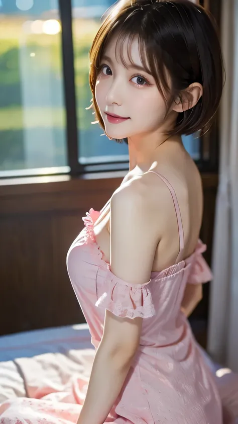 8Ｋ， high quality、Idol、25 year old model、 beautiful woman in pink nightgown、Sit on the bed、 Japanese、short hair
Back view 