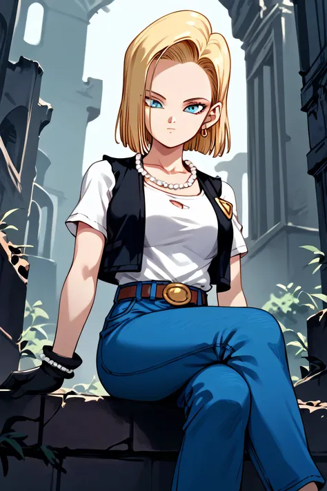 best quality, highres, and18, 1girl, android 18, solo, blonde hair, blue eyes, belt, jeans, pearl_necklace, bracelet, black glov...