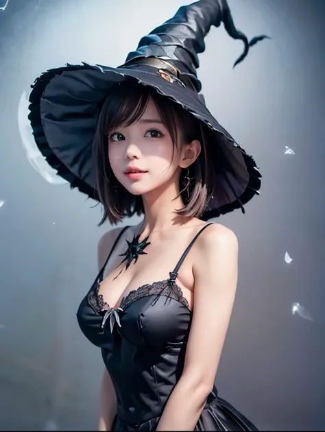 (yuichan:1.3), (style-swirlmagic:0.8), full body, look up, alone,  upper body, detailed background, (witch hat:1.5), witch, magi...