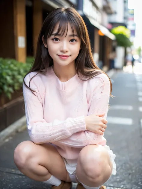 (BEST QUALITY, MASTERPIECE, ULTRA HIGH RESOLUTION, (PHOTOREALISTIC:1.4), RAW PHOTO, DEPTH OF FIELD,PROFESSIONAL LIGHTING), (((front-view, from below))), (1girl, (((15-years-old))), the most famous Japanese-idol), ((squatting at Japanese-street, spreading t...