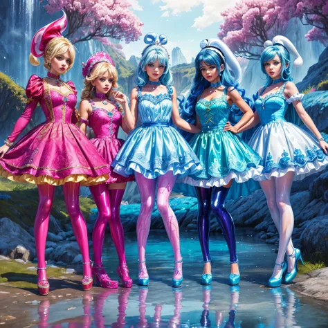 ((full body shot):1.5), a group of women,((Smurfs style):1.3), (in elegant Classic Lolita Princess Dress),( high waisted short dress :1.3), ((Standing and posing on a steep cliff)), Bimbo,  (Muticolored:1.4), (Wear dresses of different colors:1.2),Mary Jan...