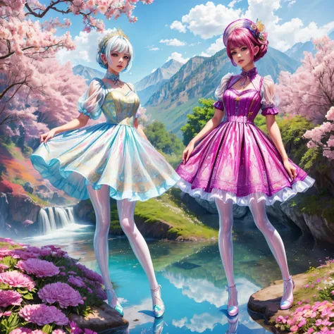 ((full body shot):1.5), a group of women,((Pixie style):1.3), (in elegant Classic Lolita Princess Dress),( high waisted short dress :1.3), The background is a fantastic mountain side creek, ((Standing and posing on a steep cliff)), Bimbo,  (Muticolored:1.4...