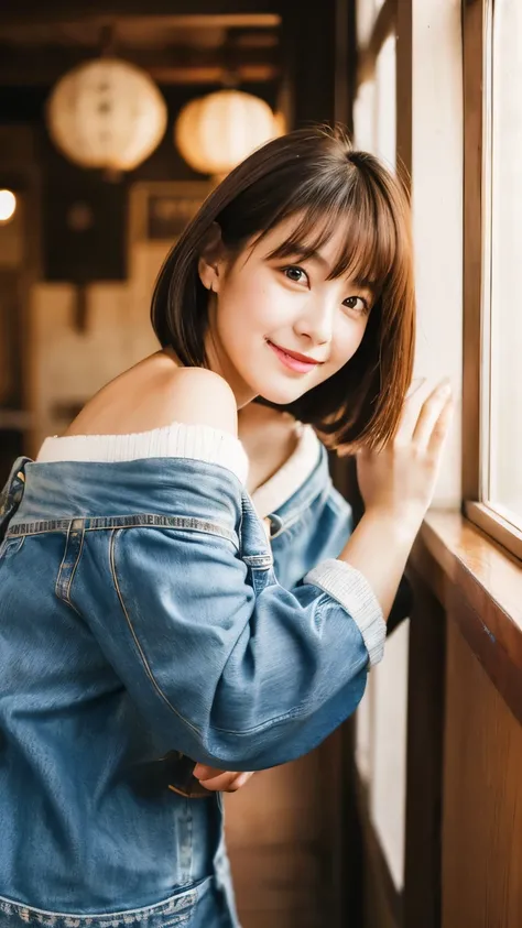 (8k、 RAW Photos、Best Quality)、(Realistic、 photorealistic:1.37)、Beautifully detailed face、 Face Detail Textures 、 fine and beautiful skin、 skin texture、 super A high resolution 、Orange off-the-shoulder large sweater、 Denim Miniskirt、  full body shot 、Beauti...