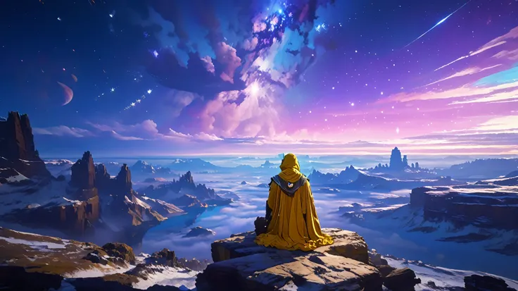 arcan3styl3v1, masterpiece, highcontrast, A jedi master with a ((yellow (old  ragged, cloak, hood, cape)) sitting on rock meditating, top of the mountain, clouds, top view,  star wars landscape.  yellow cloth, under the cape blue and purple, night time, sp...