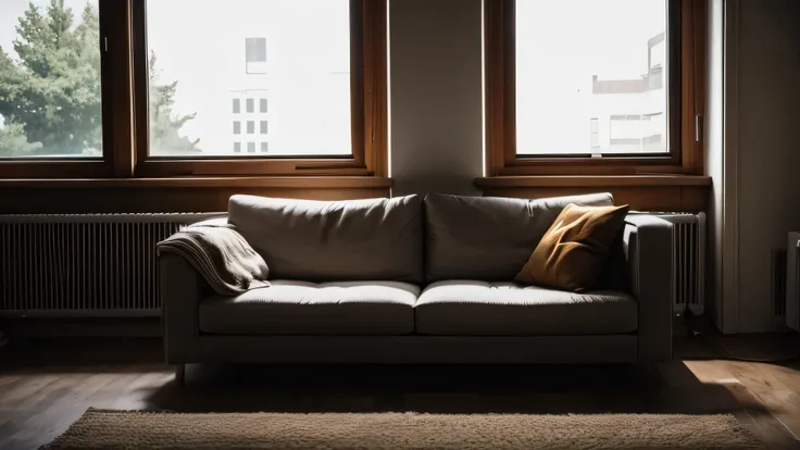 a empty couch next to a window at night