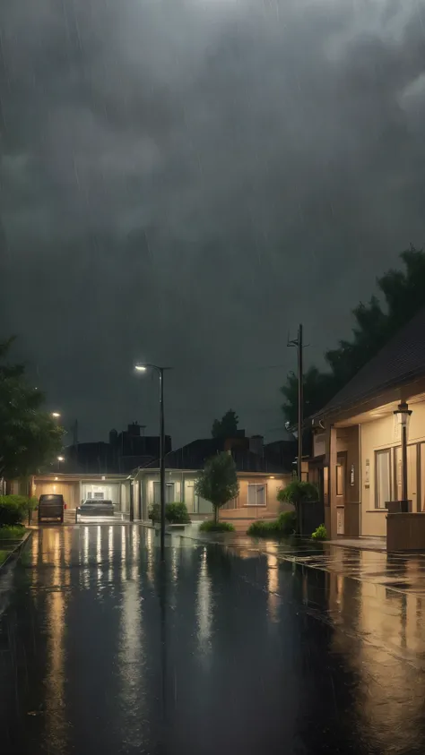 Rain at night in a relaxing neighborhood 