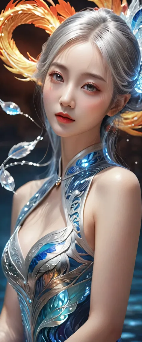 masterpiece, formal art, beauty, beautiful chinese woman, silver hair, phoenix maiden, beautiful fair-skinned woman with magic w...