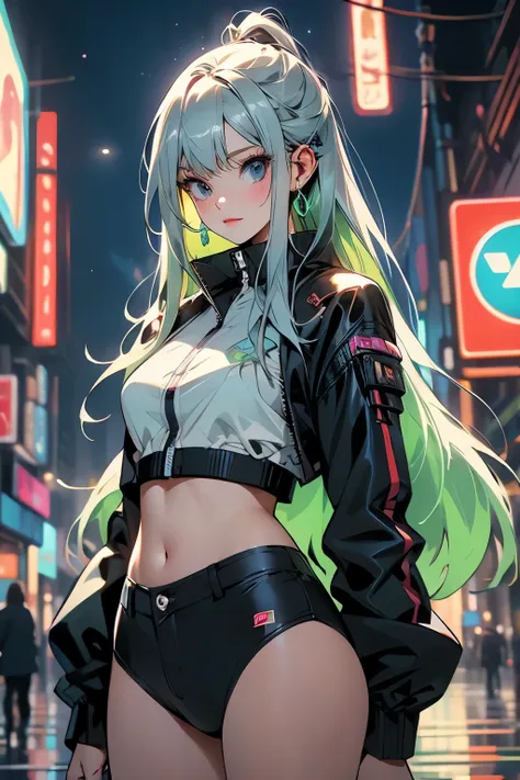 (masterpiece, highest quality, highest quality, Official Art, beautifully、aesthetic:1.2),Cowboy Shot、 (Cyberpunk fashion girl 1)、Smiling Girl、Big light blue eyes、Beautiful belly、（Long silver hair with bangs）、Green neon color、Very detailed,(Fractal Art:1.3)...