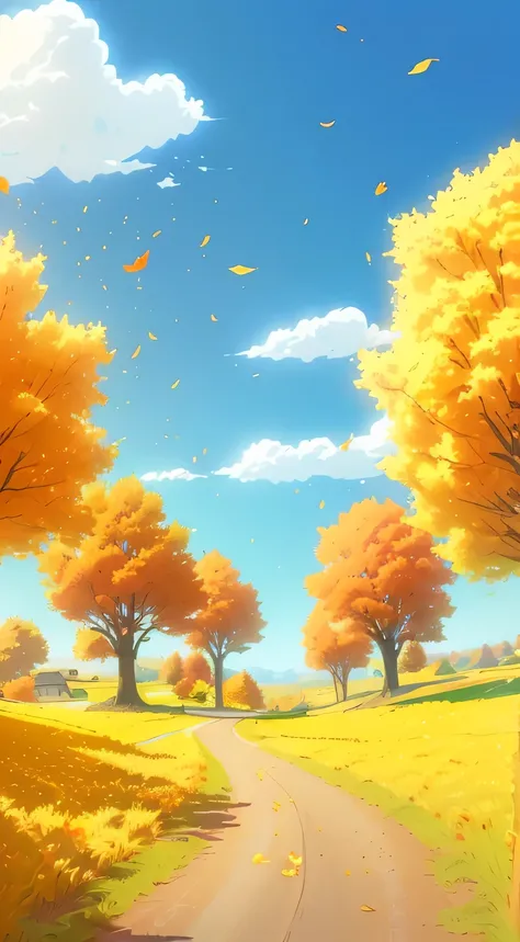 There is a cartoon picture of a road in a field, Wind blowing leaves, Animated rural landscape , Background Artwork, Wind blows fallen leaves,  beautiful iPhone wallpaper , Anime Landscape Wallpaper, Background Art, anime Background Art,  anime lush john 8...