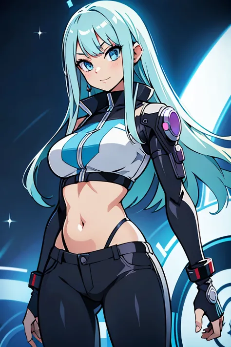 (masterpiece, highest quality, highest quality, Official Art, beautifully、aesthetic:1.2),Cowboy Shot、 (Cyberpunk fashion girl 1)、Smiling Girl、Big light blue eyes、Beautiful belly、（Long silver hair with bangs）、Green neon color、Very detailed,(Fractal Art:1.3)...