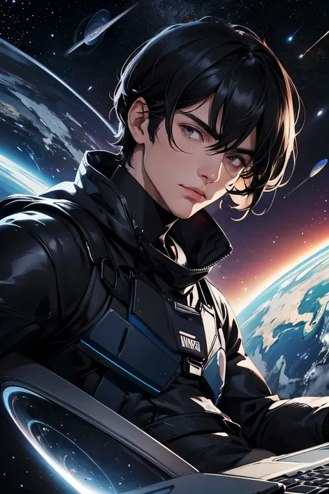 A beautiful man. Detailed drawing of the face. Black hair. He has his bangs down. Mid twenties. He is doing some research on his laptop with a serious look on his face. In the space behind him is an image of outer space and the wormhole that exists there